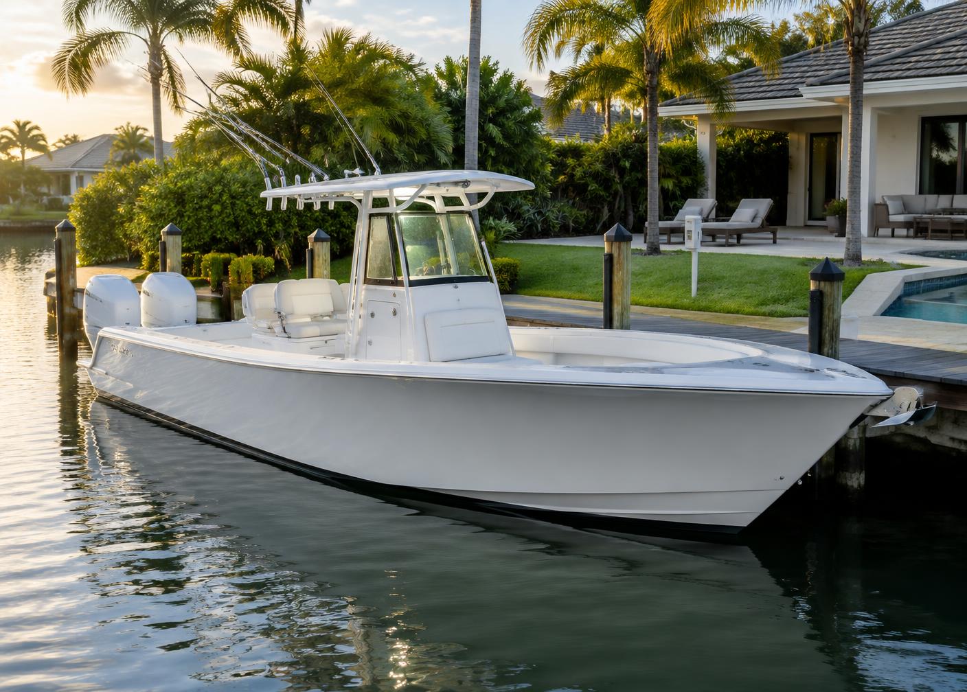 Clean center-console boat at a private dock