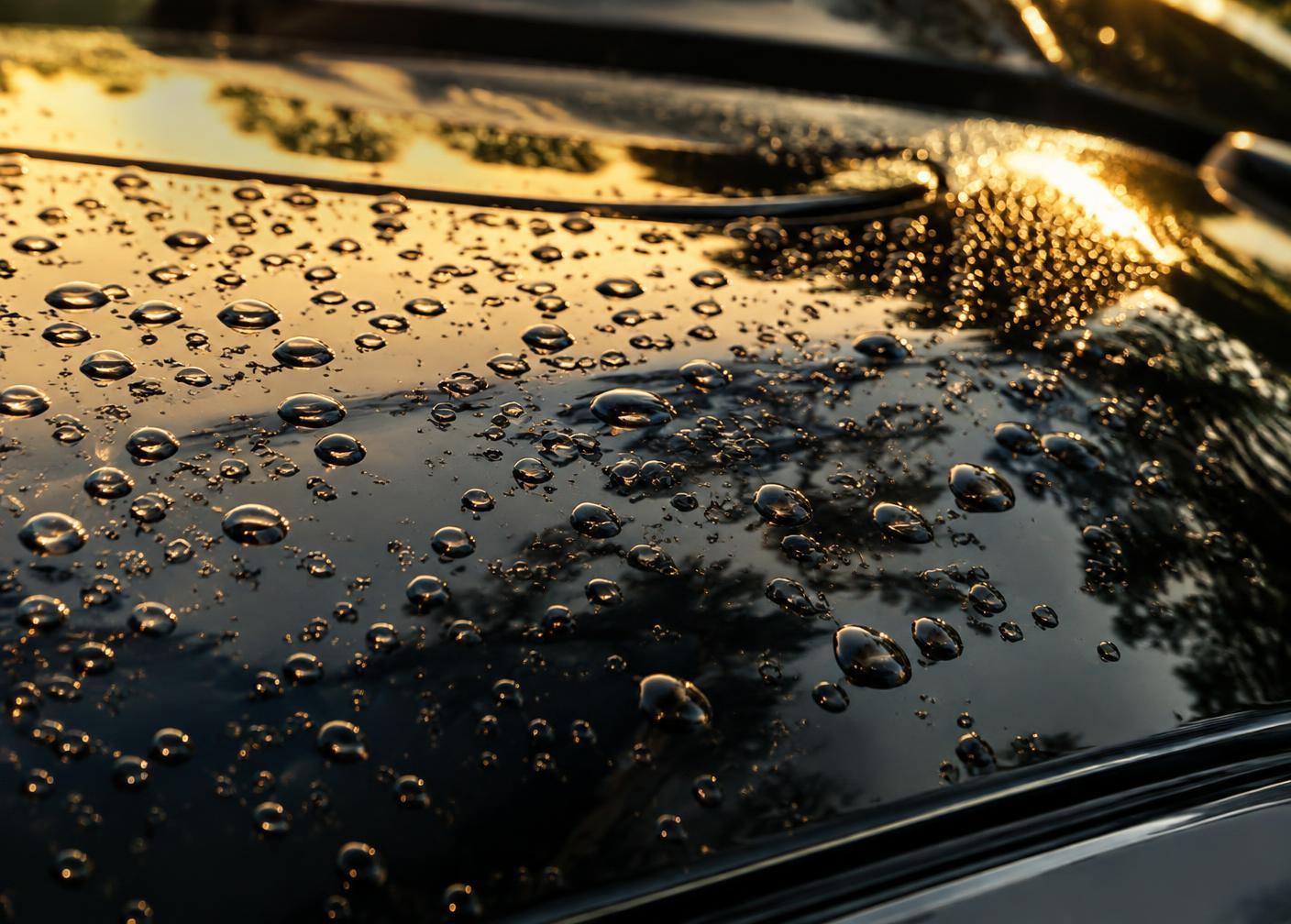 Water beading on a ceramic-coated black car hood