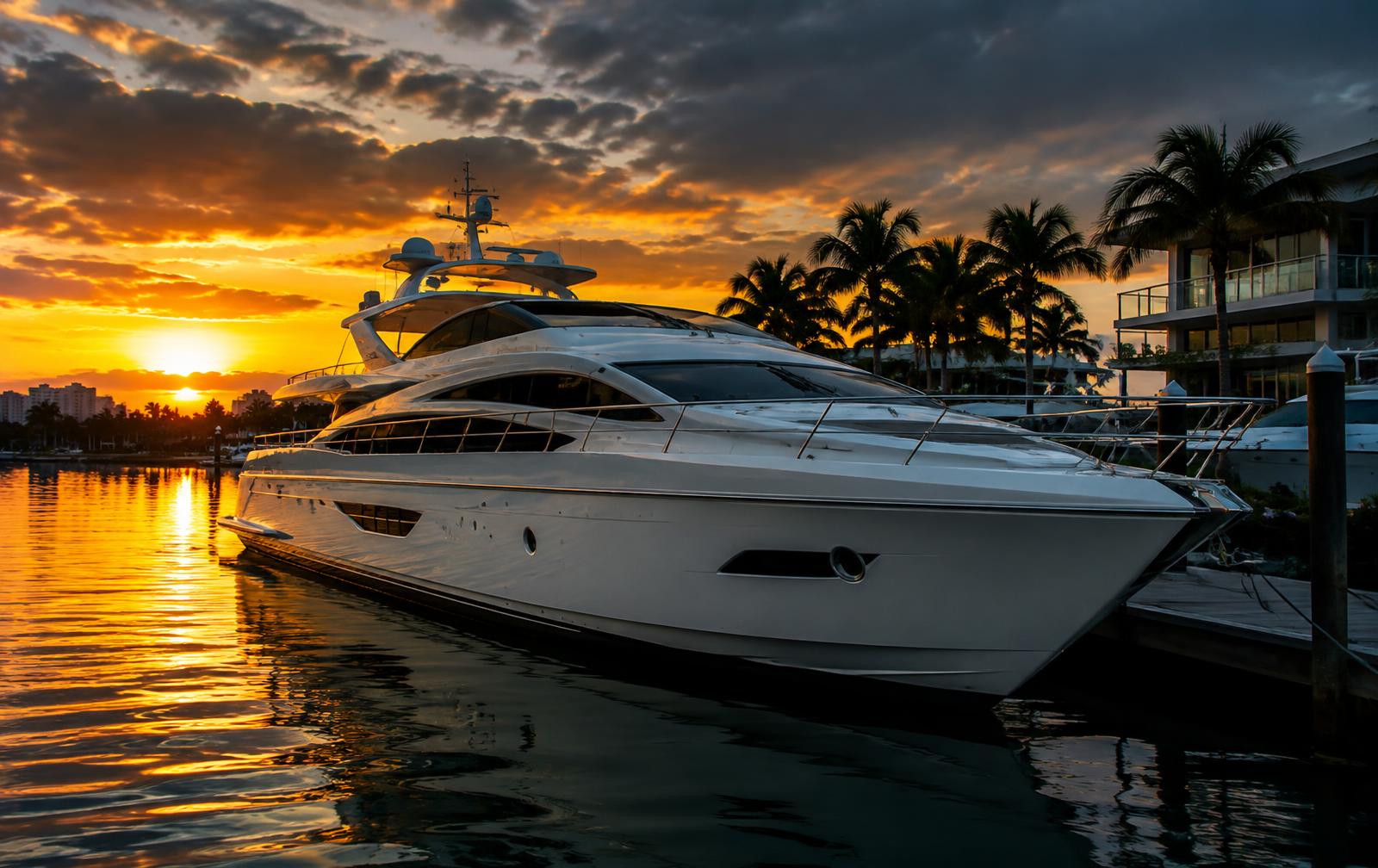White luxury yacht moored at a South Florida marina at sunset